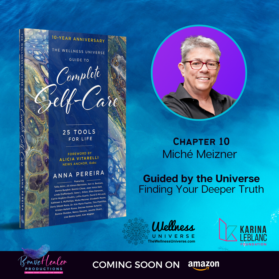 Product Graphic of Wellness Universe Guide to Complete Self Care with a bubble featuring Miche's Picture and her name under "chapter 10". Also includes publisher logos and coming soon banner with Amazon logo at the bottom of the graphic