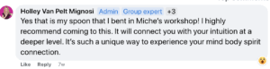 Screenshot of a testimonial referrring to the bent spoon and computer screen saying, Yes that is the spoon I bent in Miche's workshop.