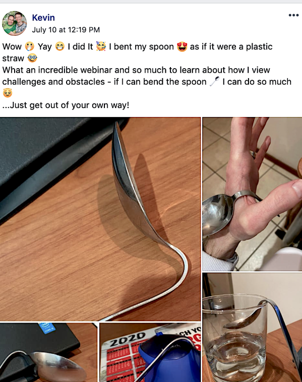 Testimonial and image of spoon bent by workshop participant